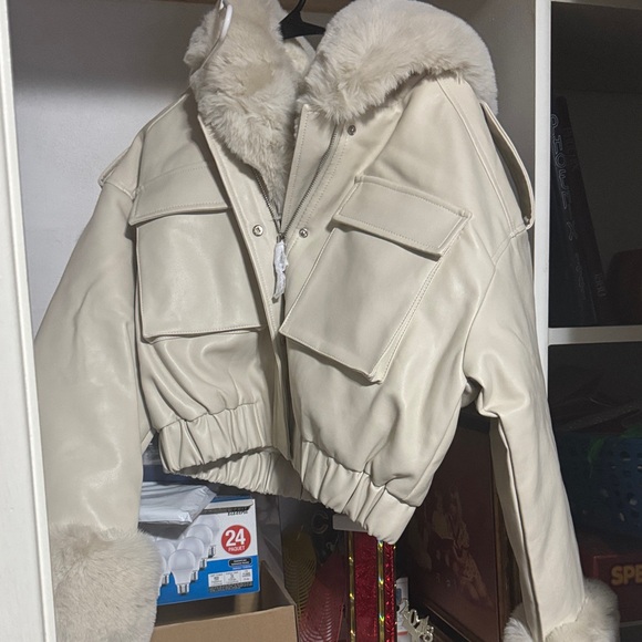 Shop Priceless Jackets & Blazers - Elegant Cream Leather Jacket with Faux Fur Trim